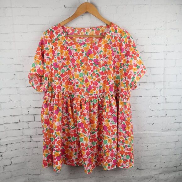 PINK WITH YELLOW & GREEN FLORAL SHORT SLEEVE ROUND NECK BABYDOLL TOP SIZE LARGE - Picture 1 of 7